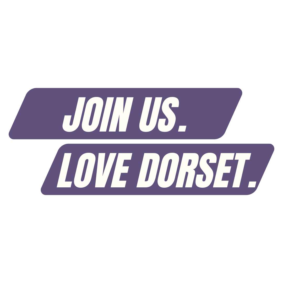 Loin us. Love Dorset logo with purple blocks and white text