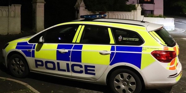 A police car at noght parked in the street