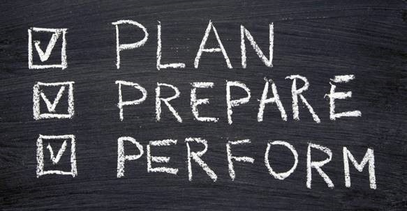 Image of words 'Plan, Prepare, Perform' checked off in white font on a black background.